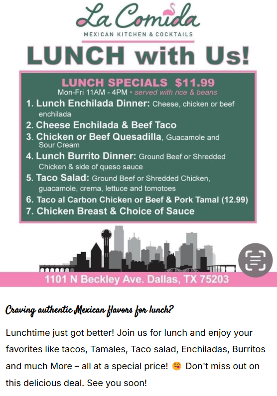 Two men holding plates of food with exciting news written below them