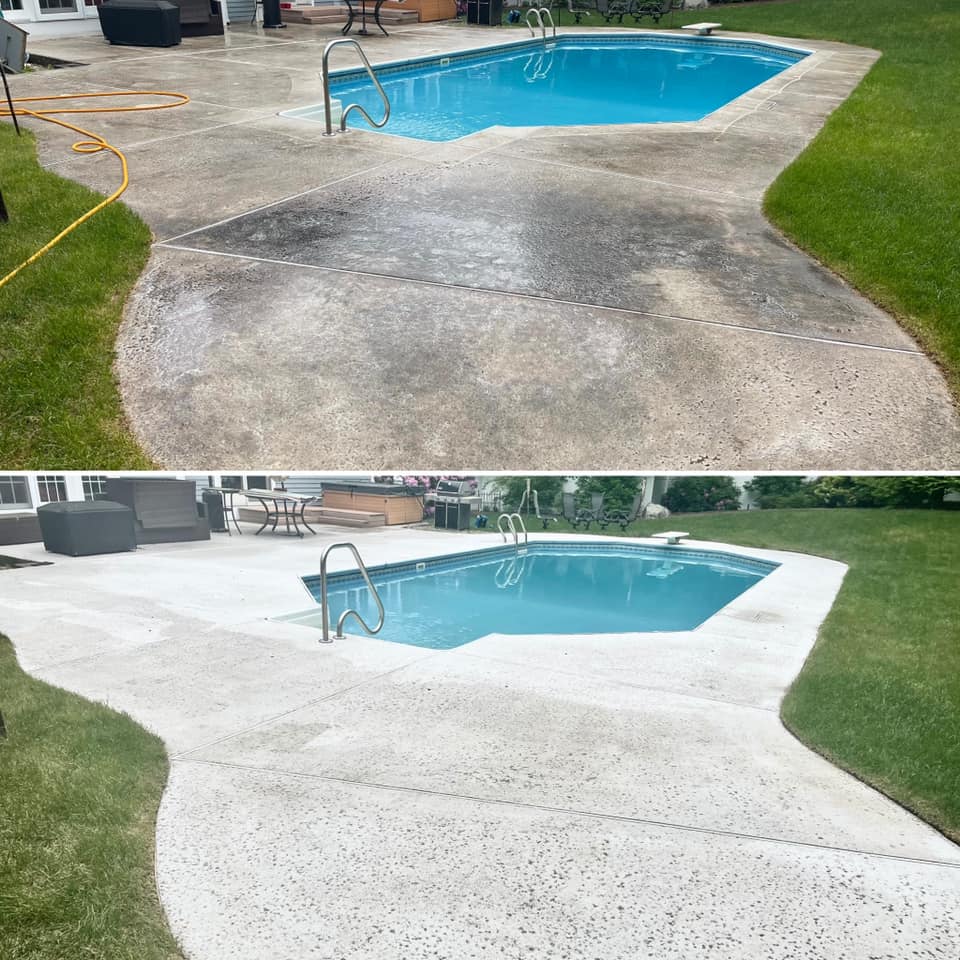 Pool patio, power washing, pool patio wash, patio clean, before and after, 