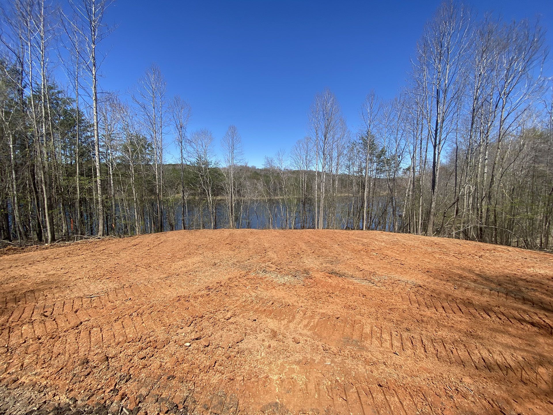 Freshly cleared orange dirt lot beside leafless trees under a bright blue sky