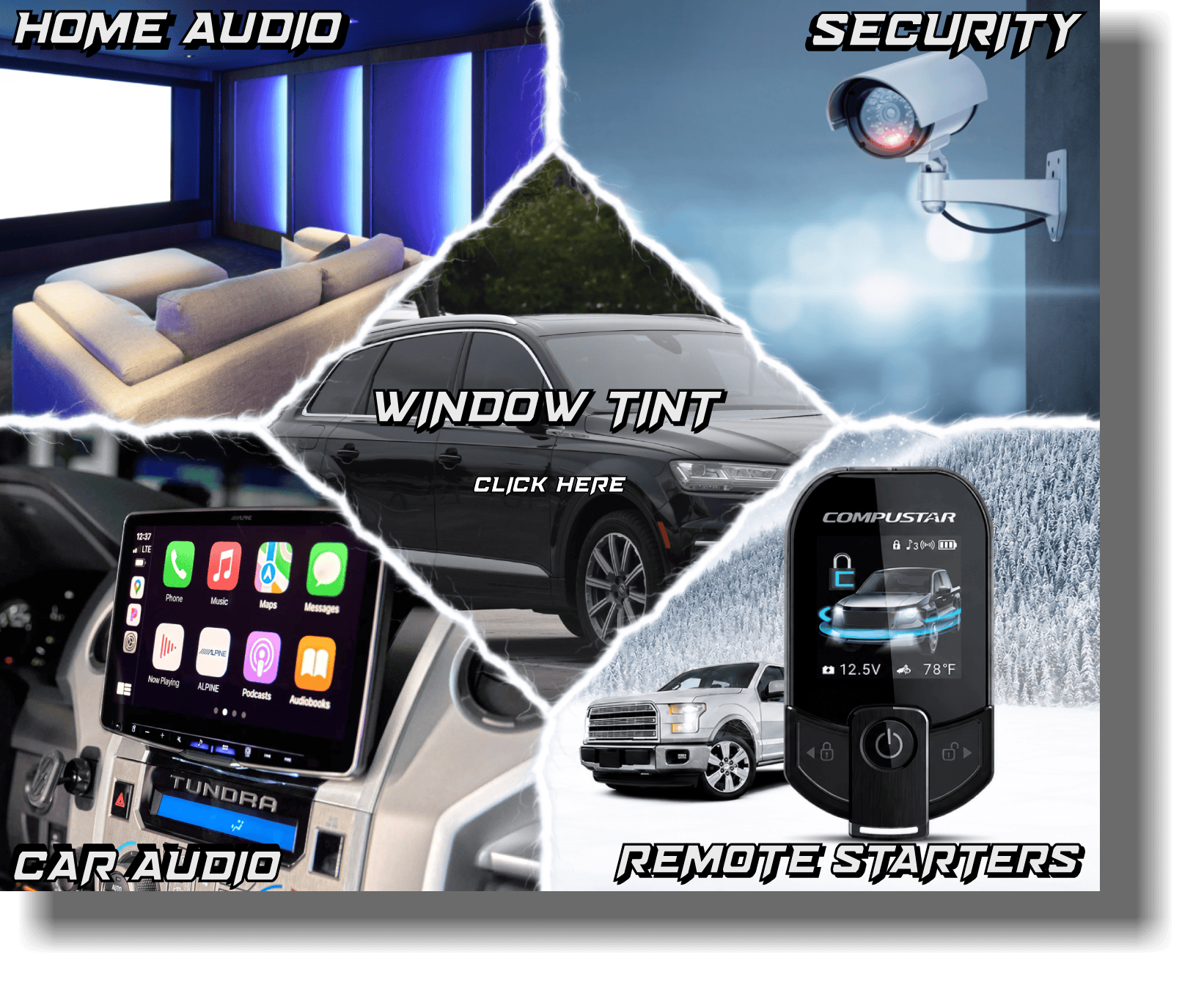 Collage of home audio, security camera, car audio, window tint, and remote starters services and products