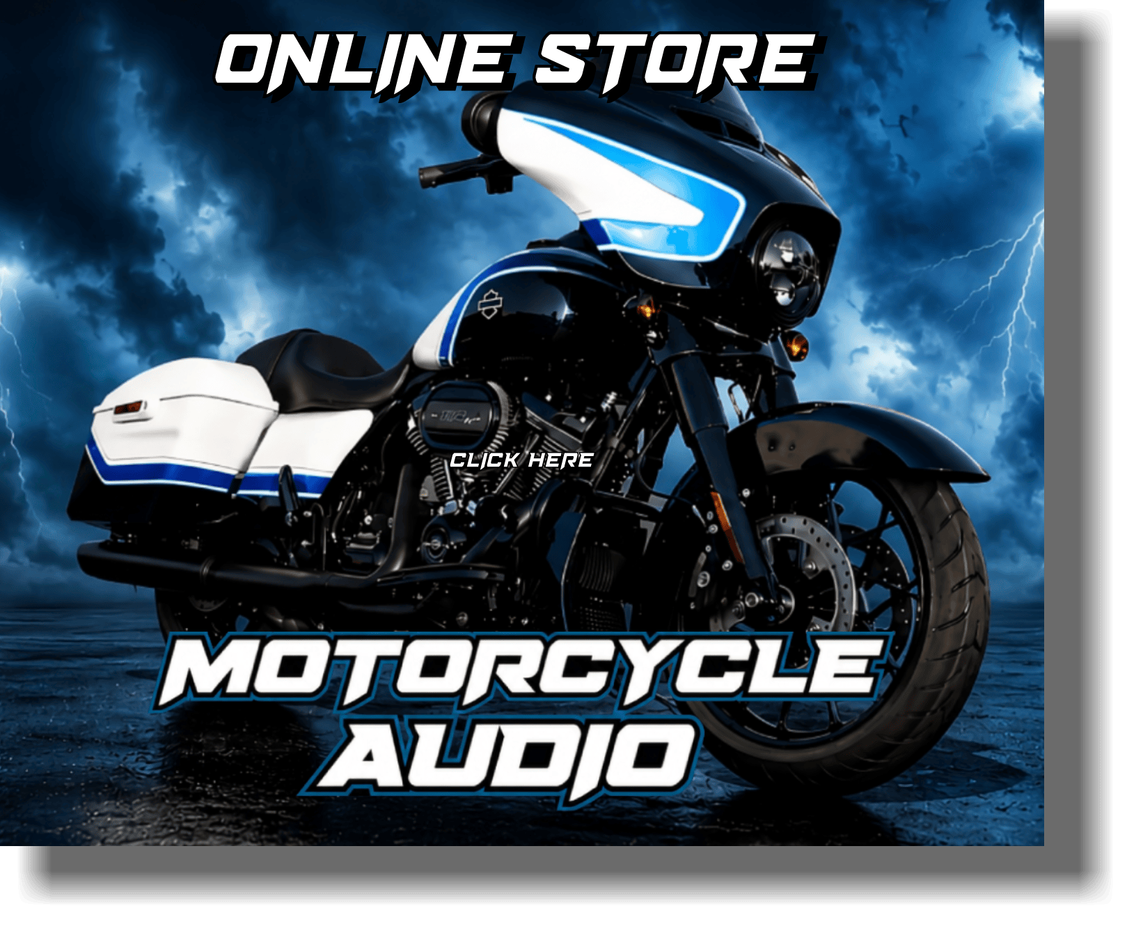Black motorcycle with blue highlights promoting an online motorcycle audio store