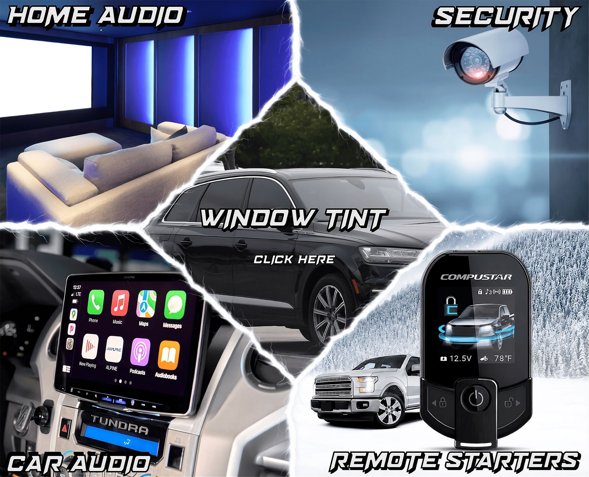 Collage of home audio, security, car audio, window tint, and remote start services