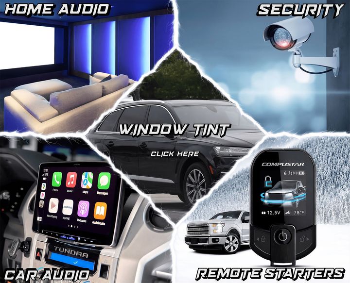 Collage of home audio, security, car audio, window tint, and remote start services