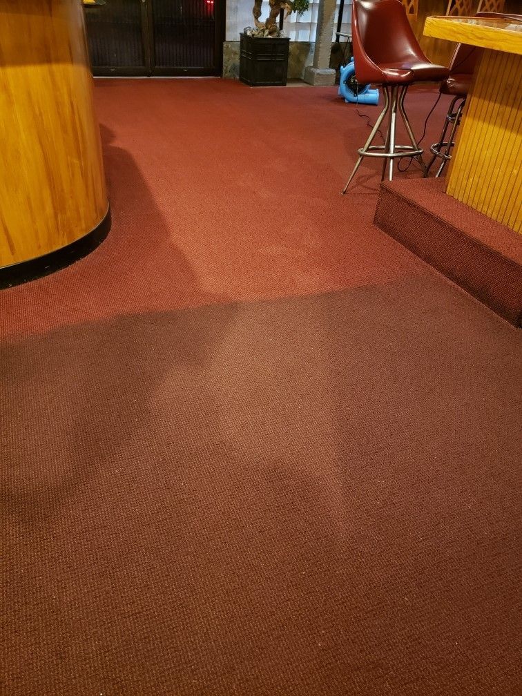 A red carpeted floor in a room with a bar and chairs.