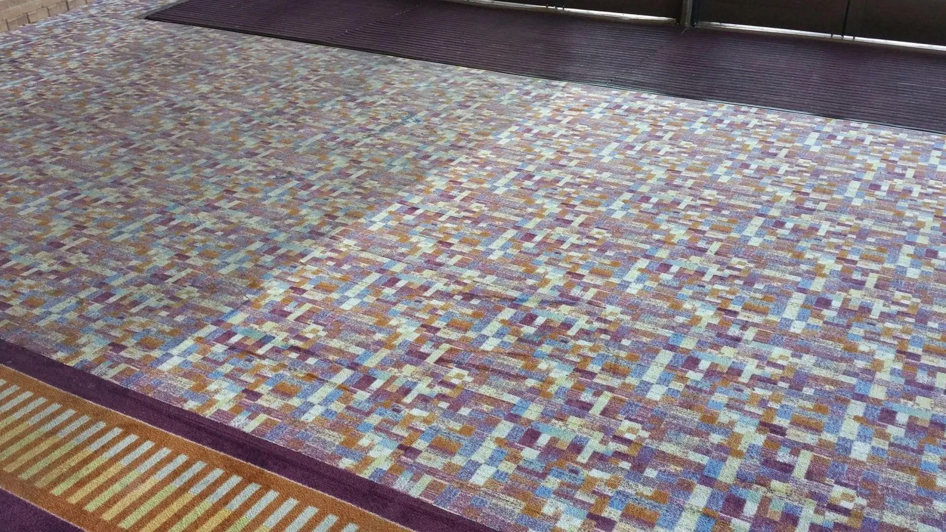 a colorful rug with a purple border is on the floor in a room