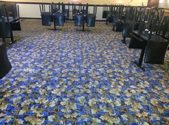 A room with tables and chairs on the floor and a blue carpet