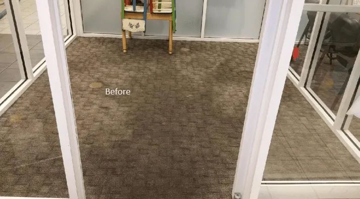 A before and after picture of a carpeted floor in a building