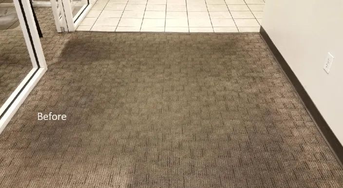 A before and after photo of a carpeted floor in a hallway