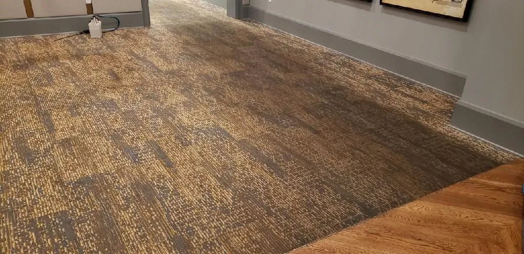 A carpeted floor in a room with a picture on the wall