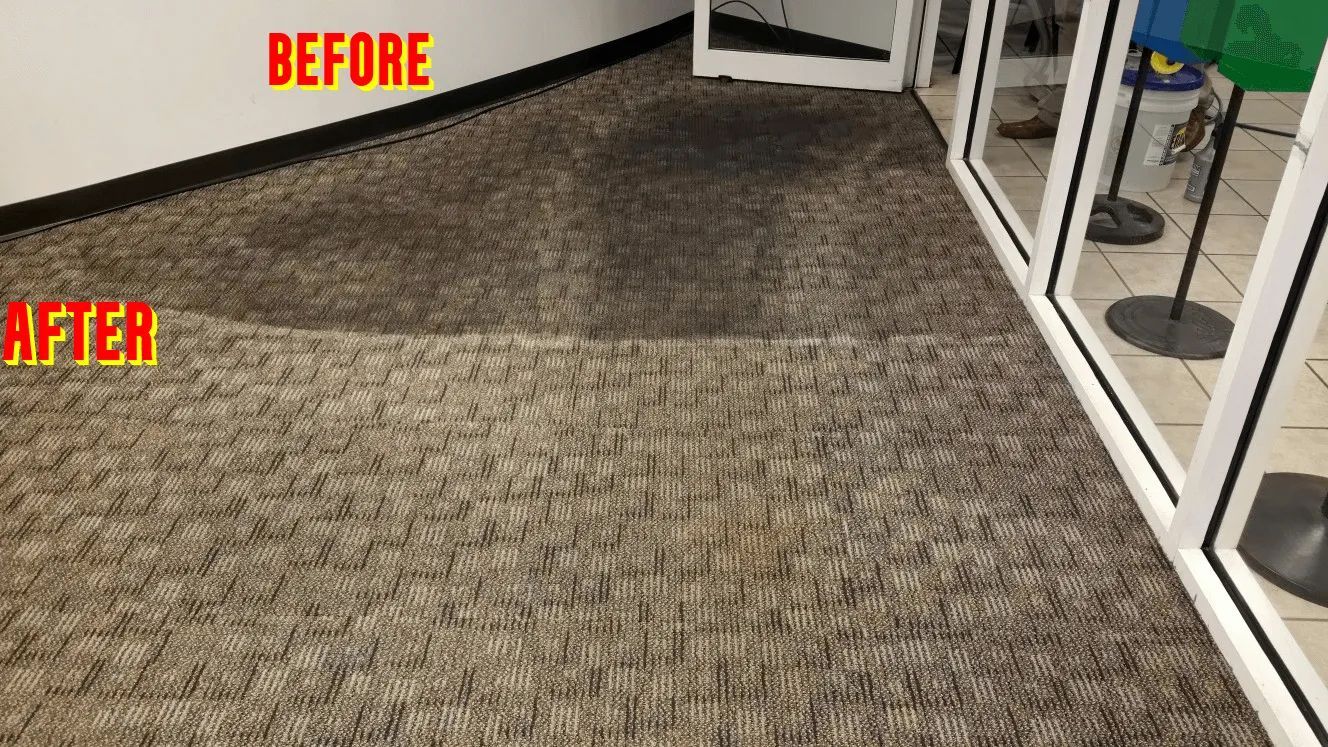A before and after picture of a carpet in a hallway