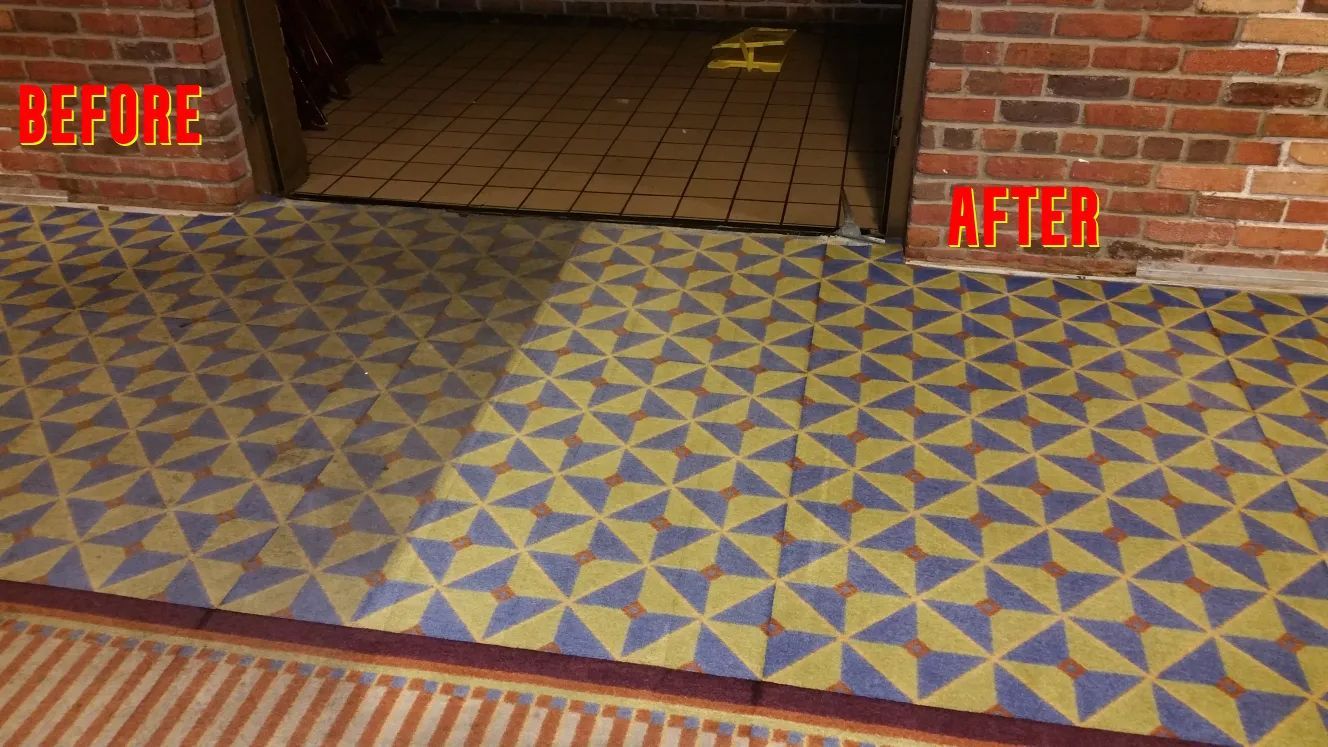 A before and after photo of a tiled floor