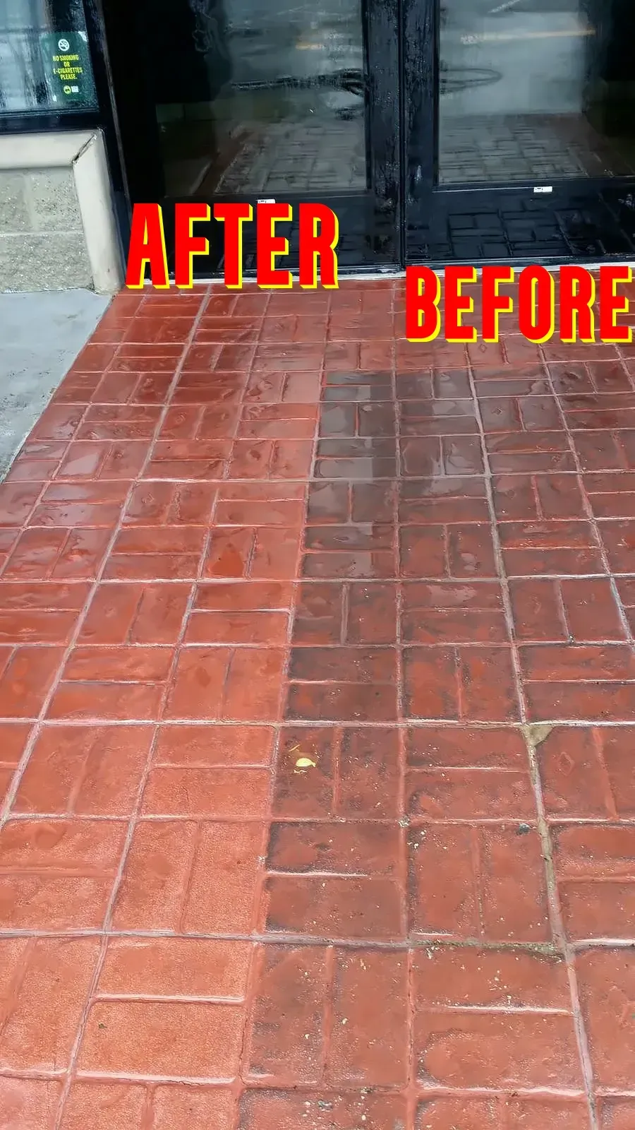 A before and after picture of a brick walkway