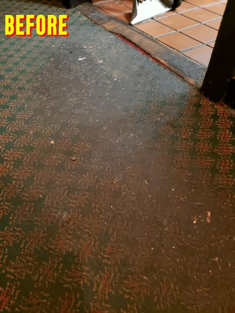 A before picture of a dirty carpet in a room