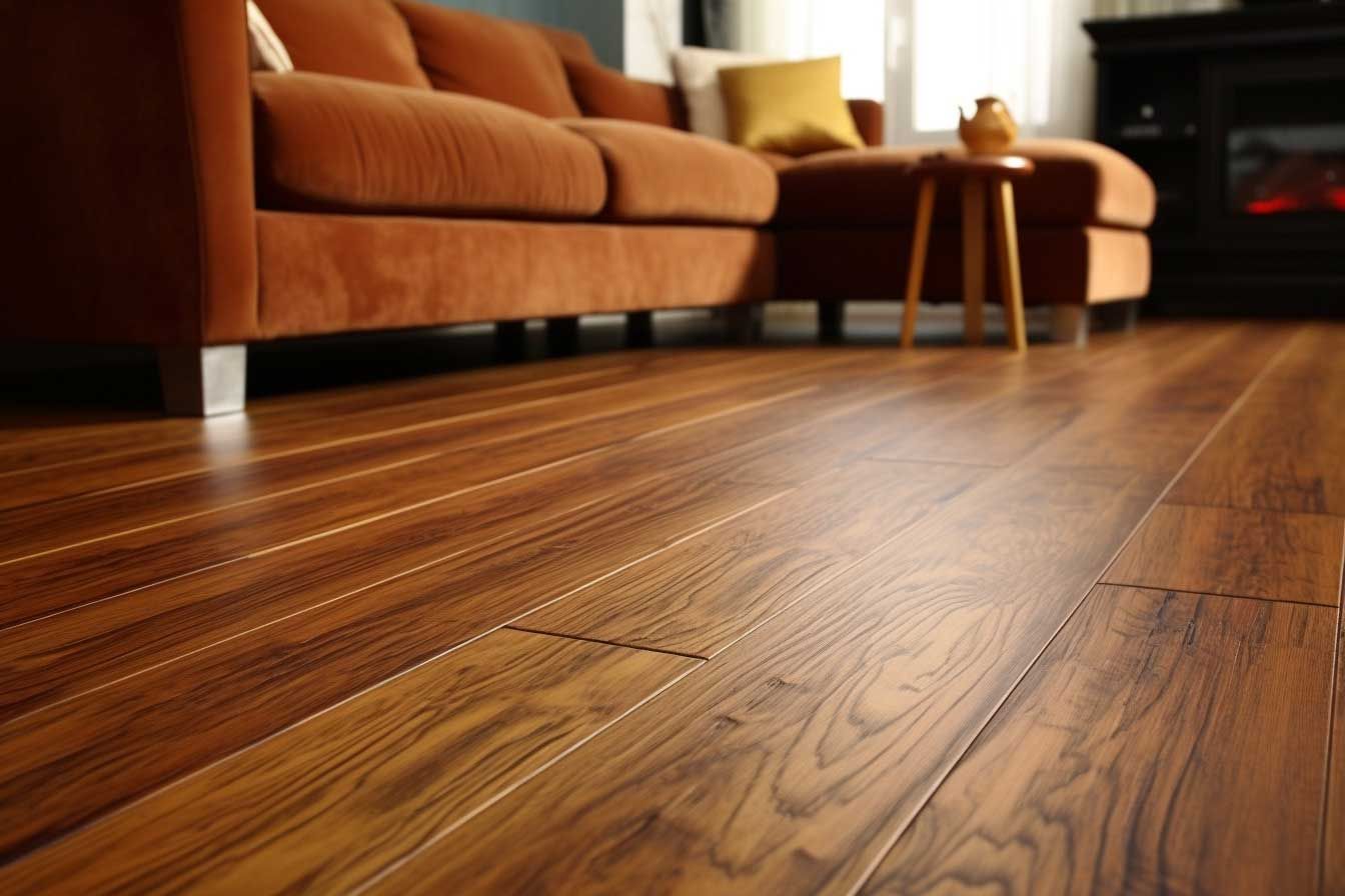 Low-angle view of a warm wood floor beside an orange sofa and small table in a cozy living room