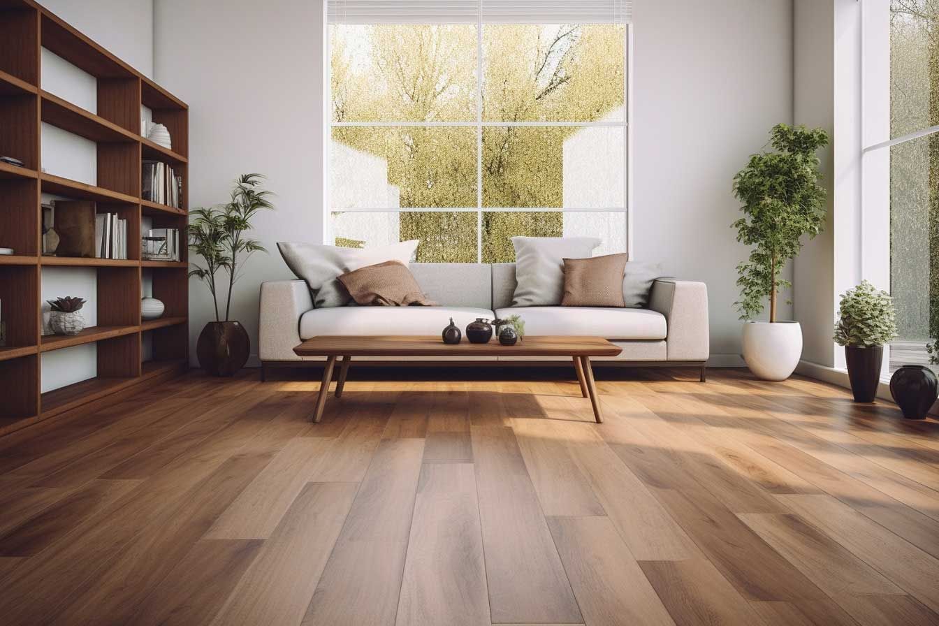 Bright modern living room with sofa, coffee table, bookshelf, plants, and large window overlooking autumn trees