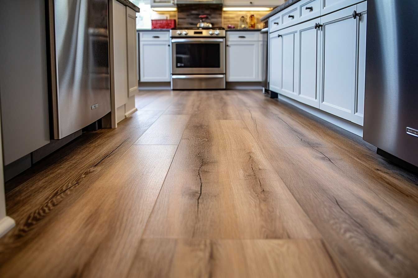 Modern kitchen with stainless steel appliances and light wood flooring, viewed from floor level