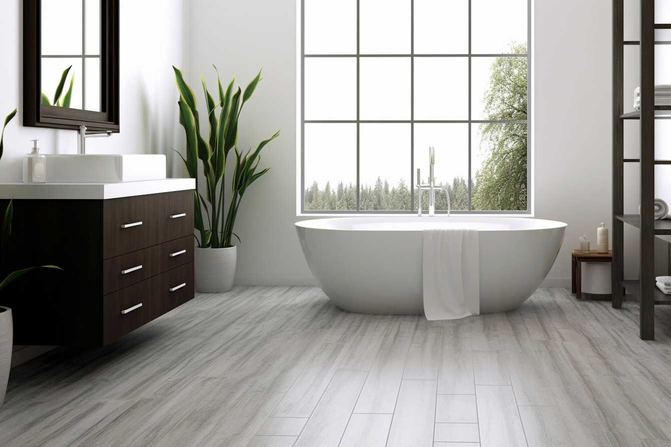 Modern bathroom with freestanding tub, dark vanity, large window, plants, and light wood floor