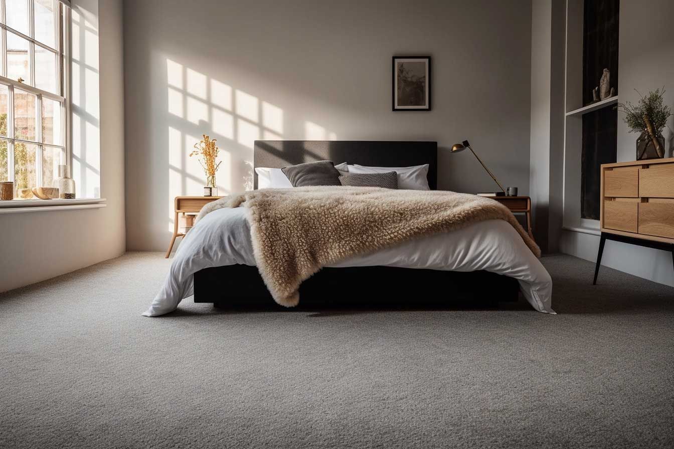 Minimal bedroom with a bed, large windows, and soft sunlight on gray carpet