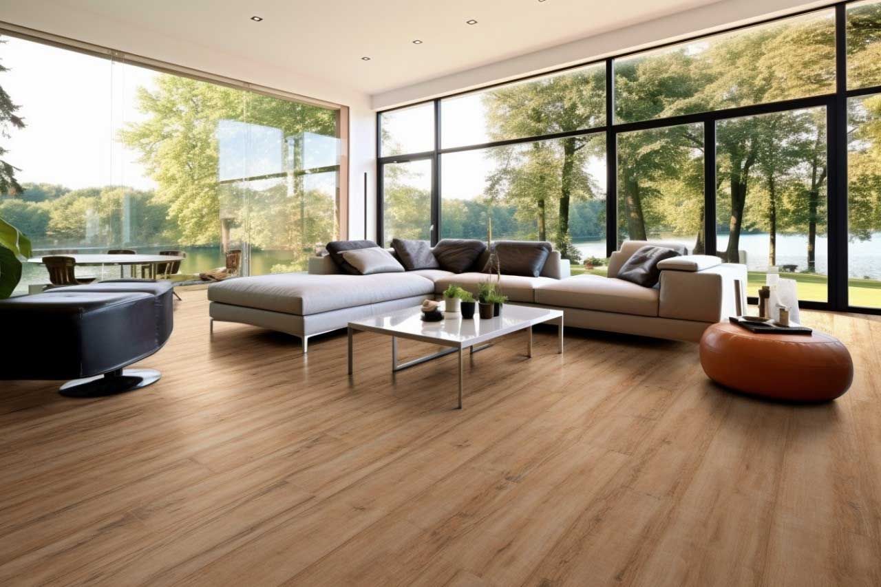 Modern living room with large windows, wood floors, and gray sectional seating overlooking a green backyard
