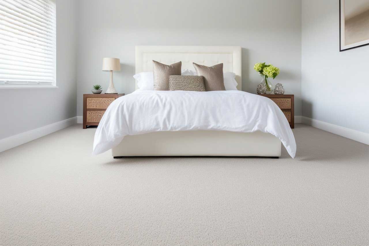 Minimalist bedroom with white bed, wooden nightstands, and light gray walls