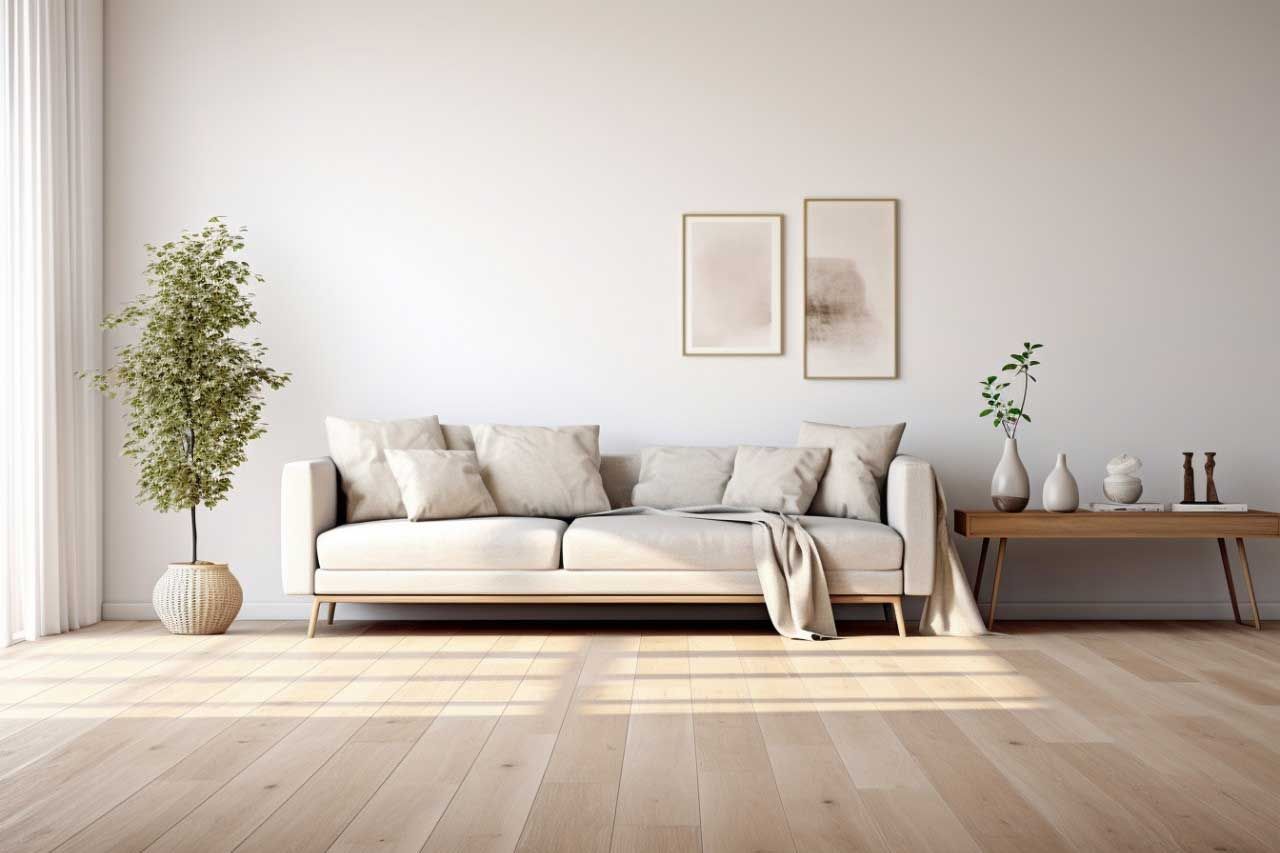 Minimalist living room with a white sofa, plant, and soft sunlight on light wood floors.