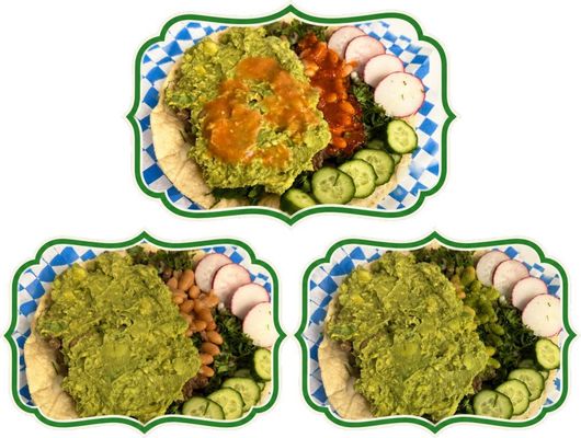 Three plated green rice dishes with cucumber and radish slices on decorative green-edged plates
