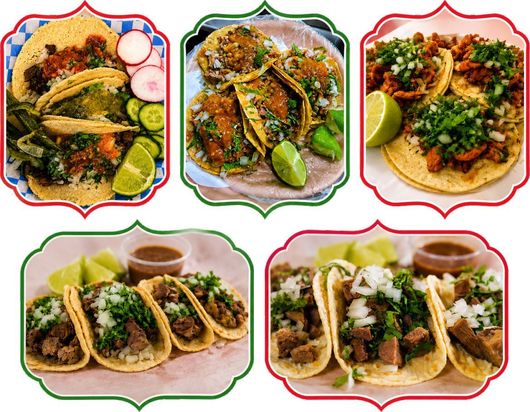 Five colorful plates of garnished tacos and tostadas with lime wedges, arranged in a collage.