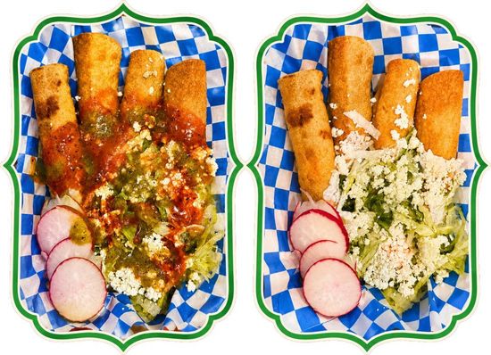Two plates of fried rolls with chopped greens and sliced radishes on blue-and-white checkered trays