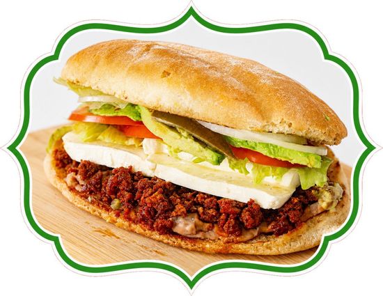 Sandwich with crusty roll, lettuce, tomato, and meat on a wooden board, outlined in green
