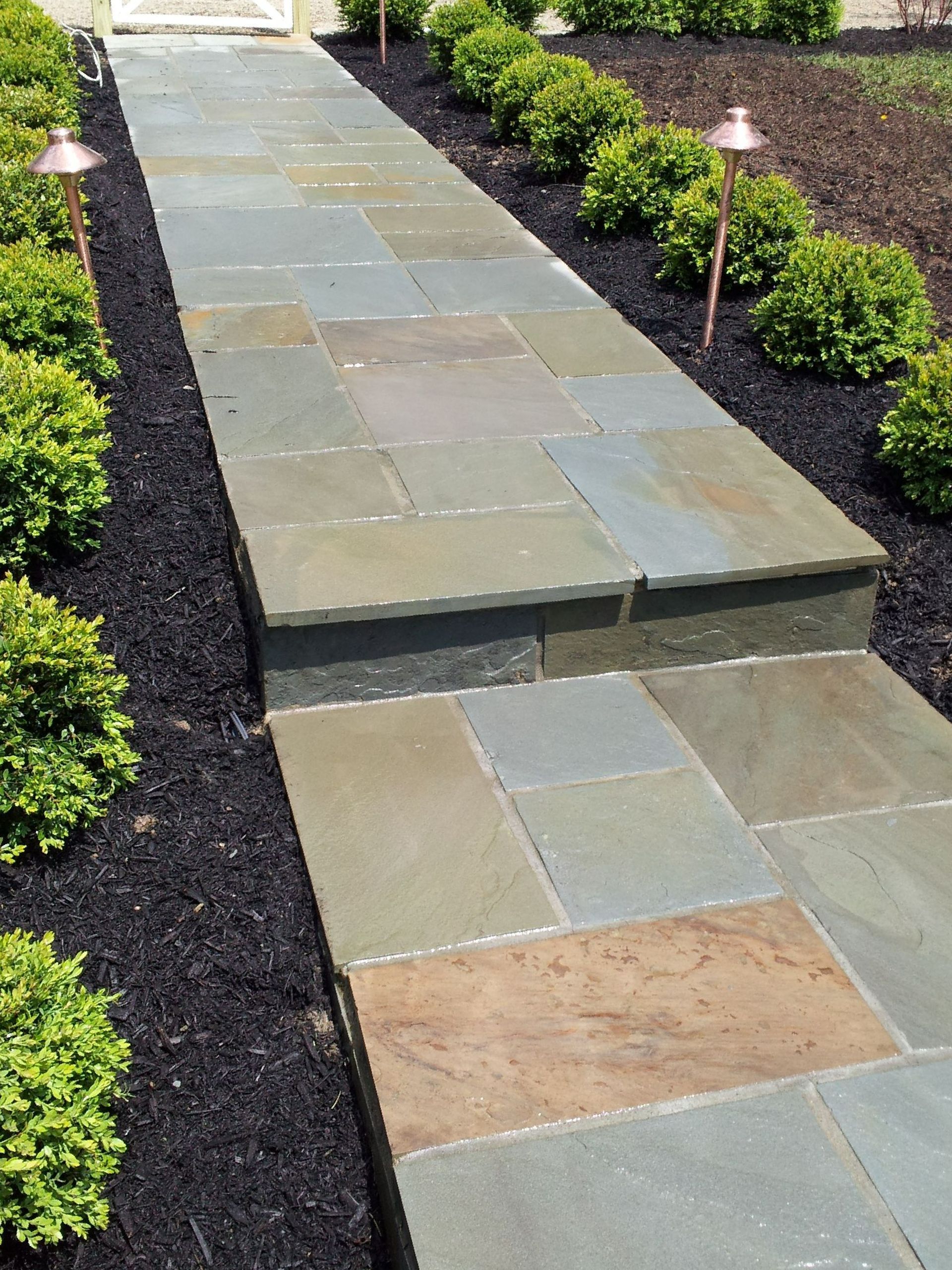 A stone walkway with steps and bushes on both sides