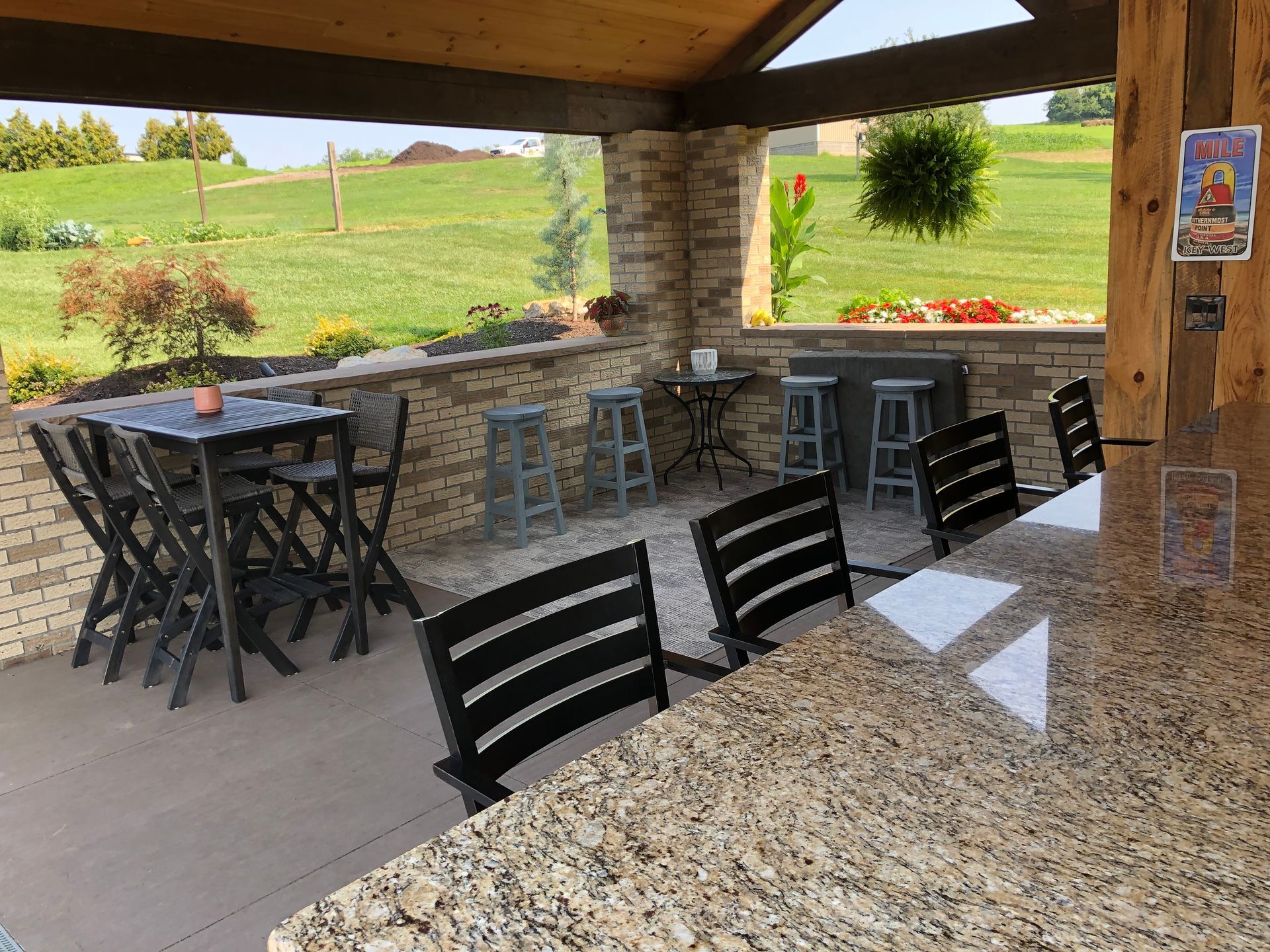 A patio with tables and chairs under a covered area.