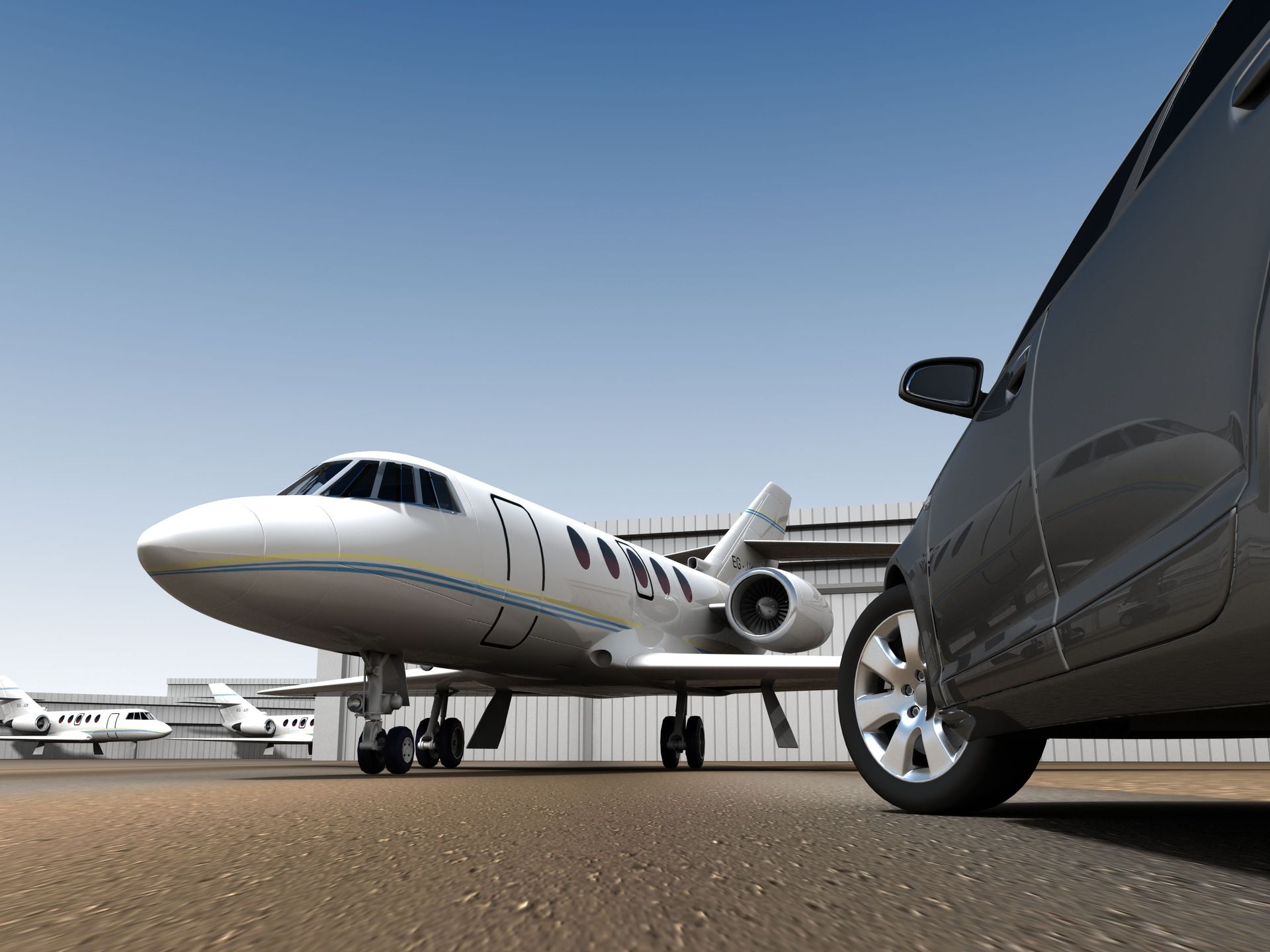 A private jet and a black car parked on a runway with other planes in the background, blue sky.