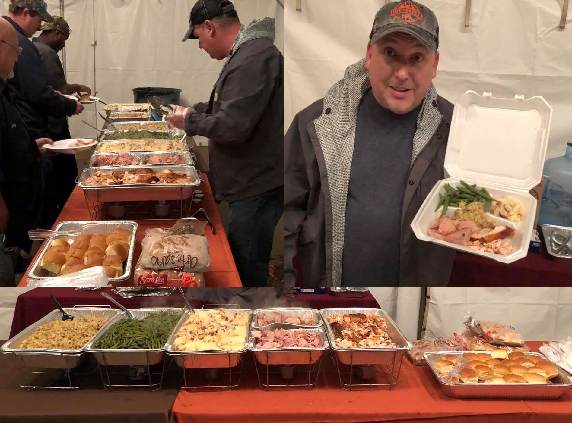 Man holding a takeout container of food smiles near a buffet table. Other people serve themselves under a tent.