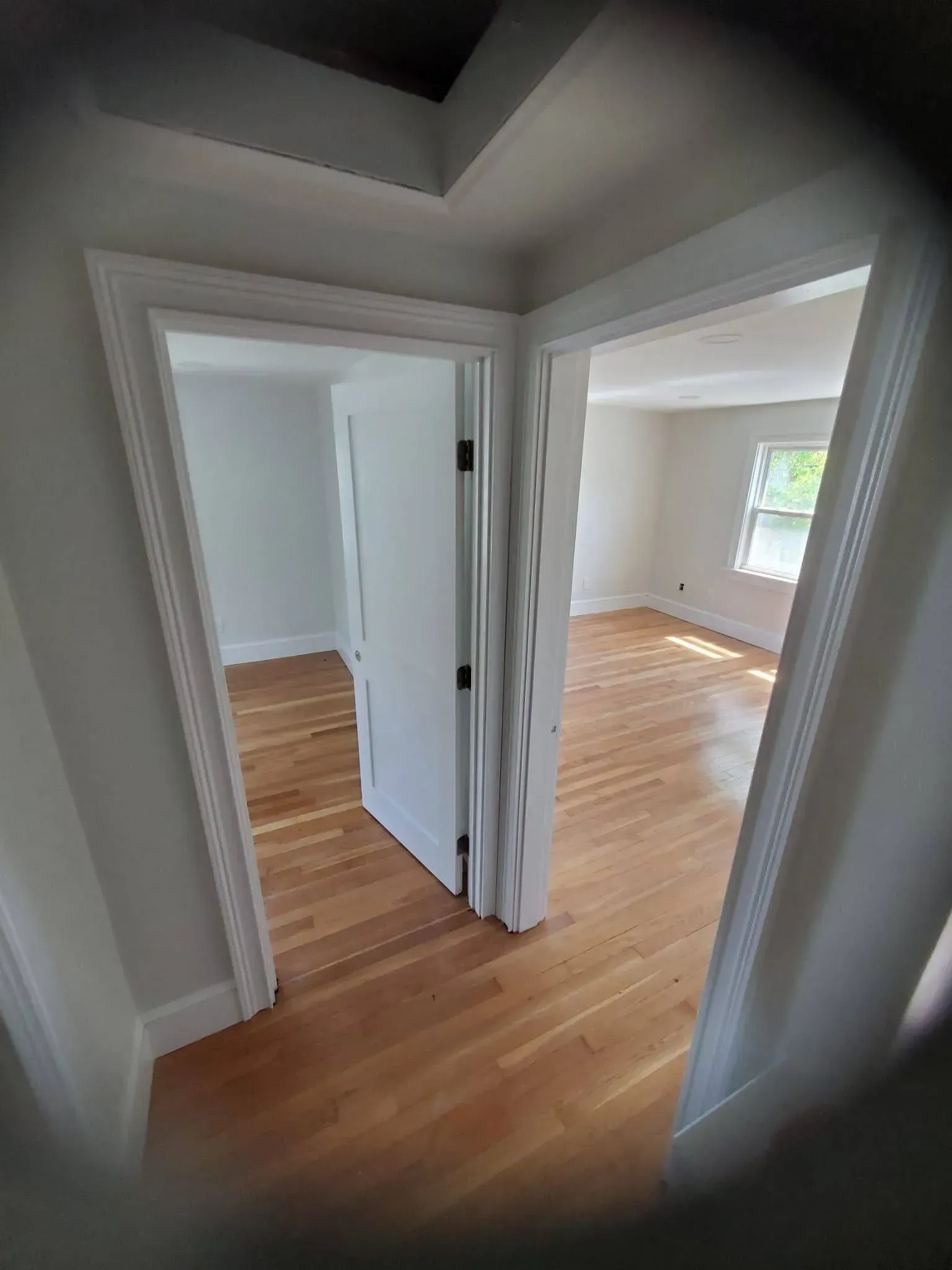 Two doorways leading to rooms with hardwood floors and white walls.