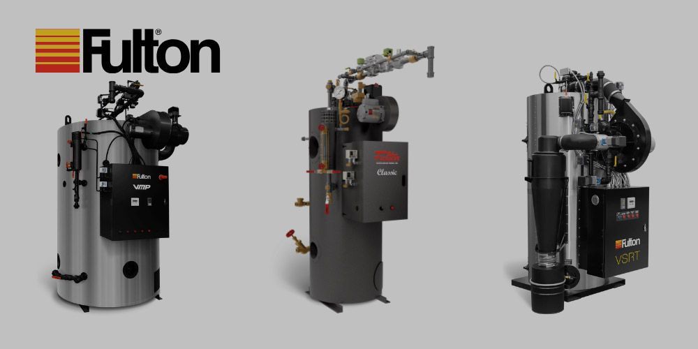 Three different types of Fulton boilers are shown on a white background
