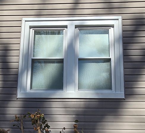 White double window on beige siding with frosted panes and a small plant below