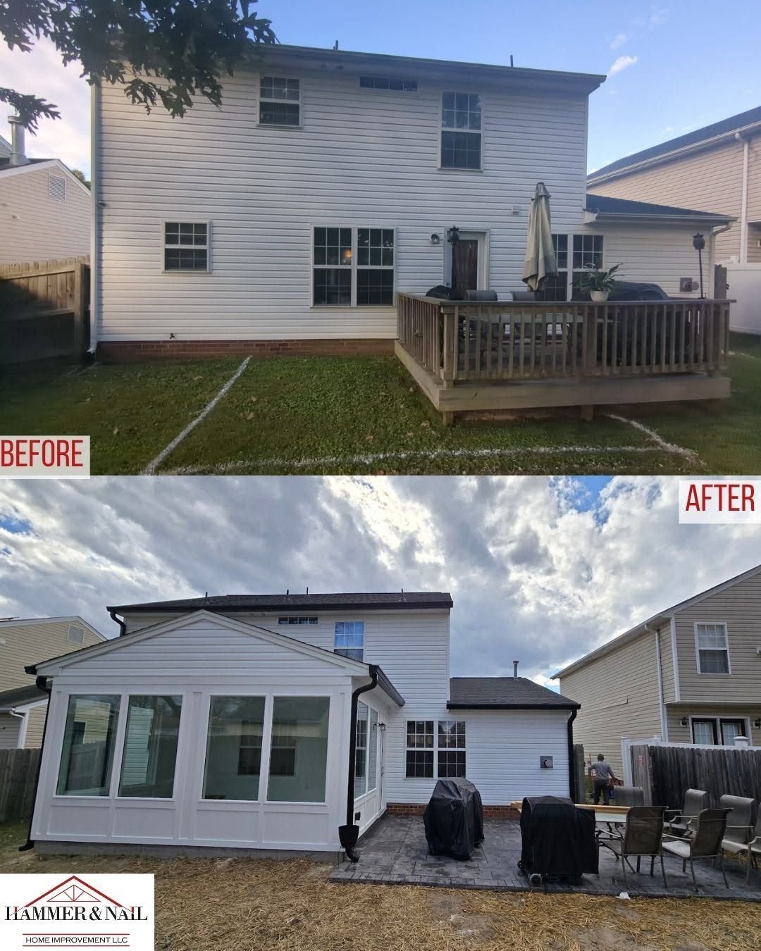 Before-and-after of a house backyard deck replaced with a white sunroom extension and patio seating.