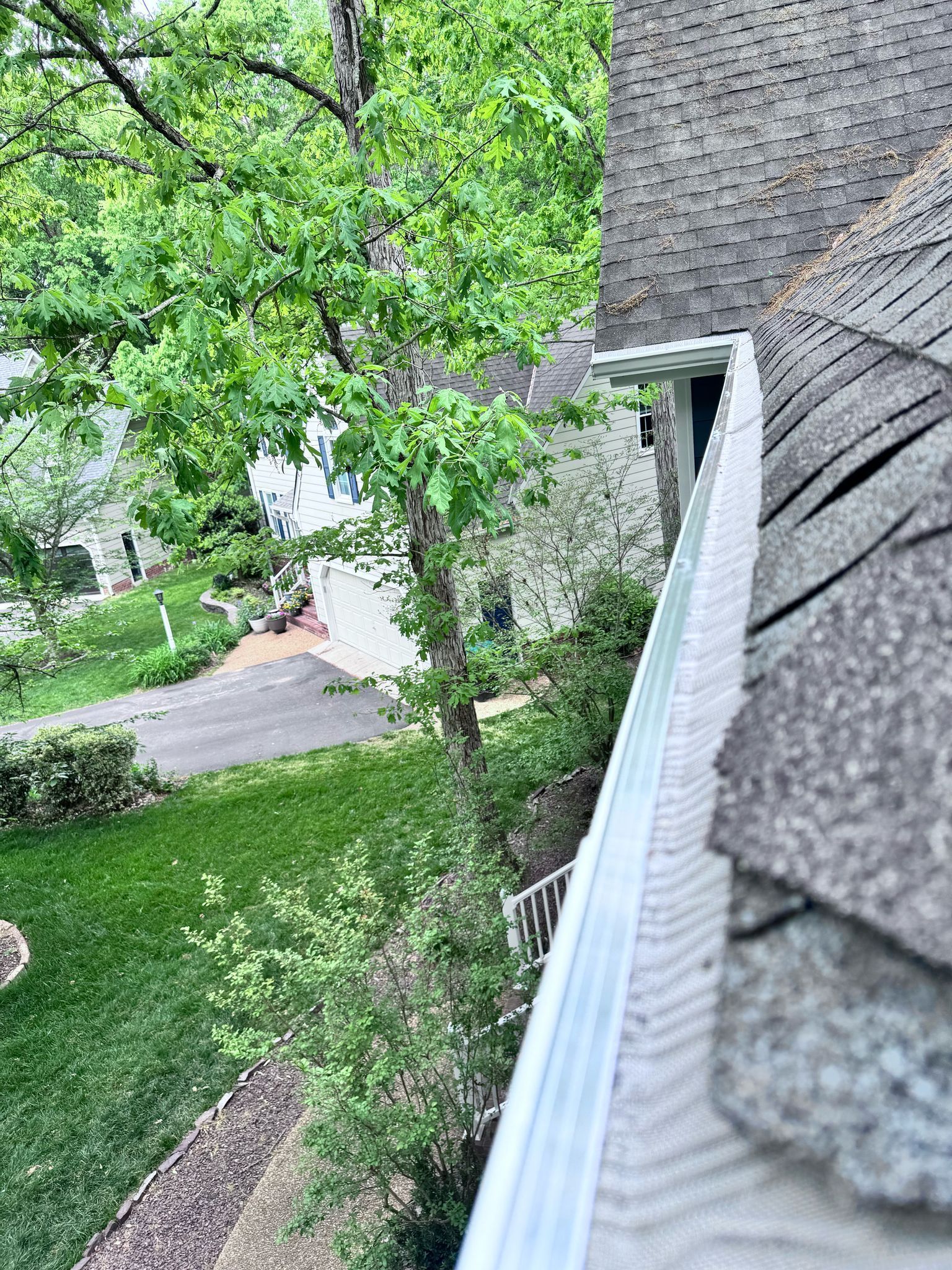 View from a roof gutter over a green yard with trees and a sidewalk below