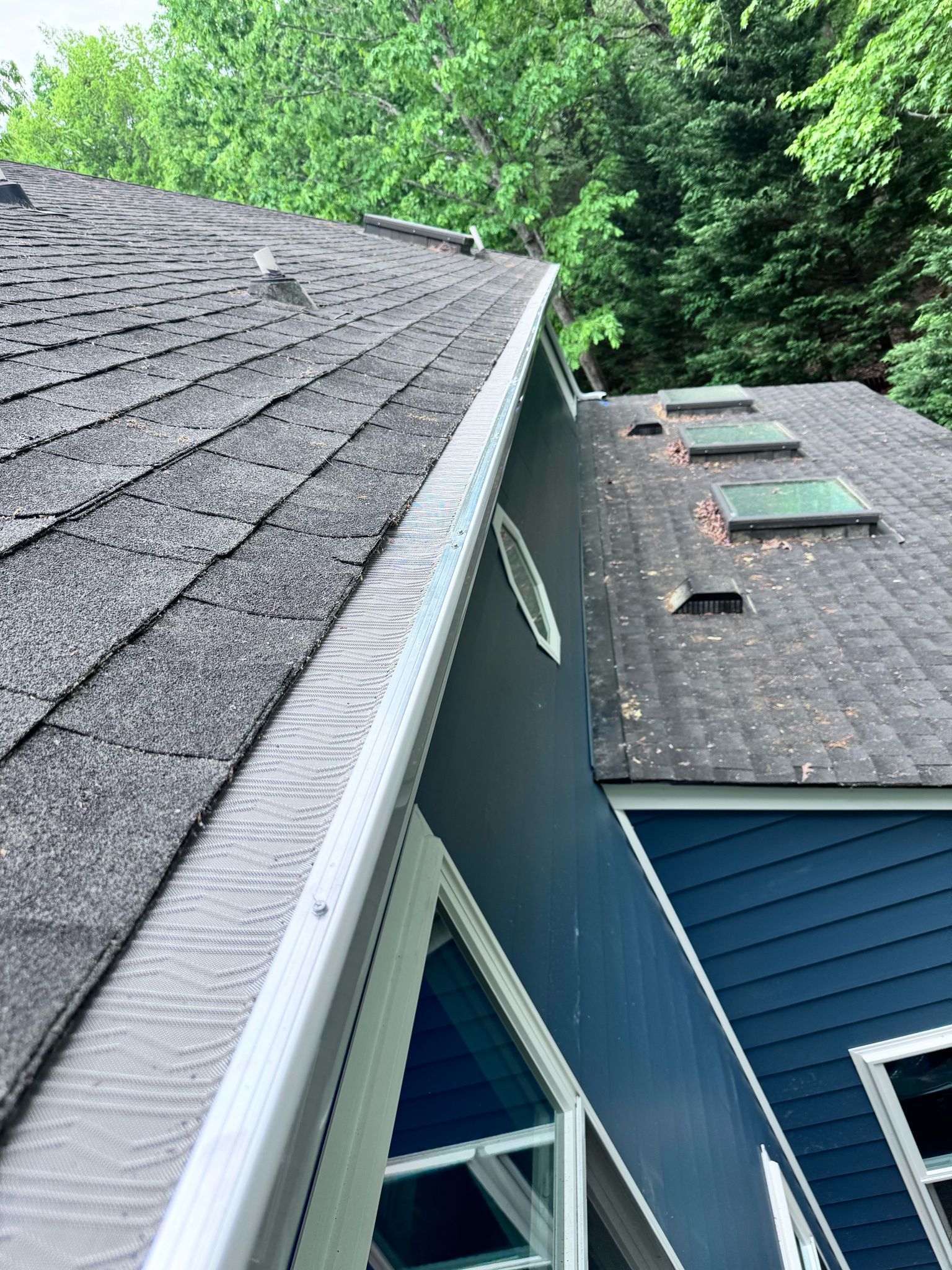 Two gray shingled roofs meeting at a valley, with blue siding and green trees in the background