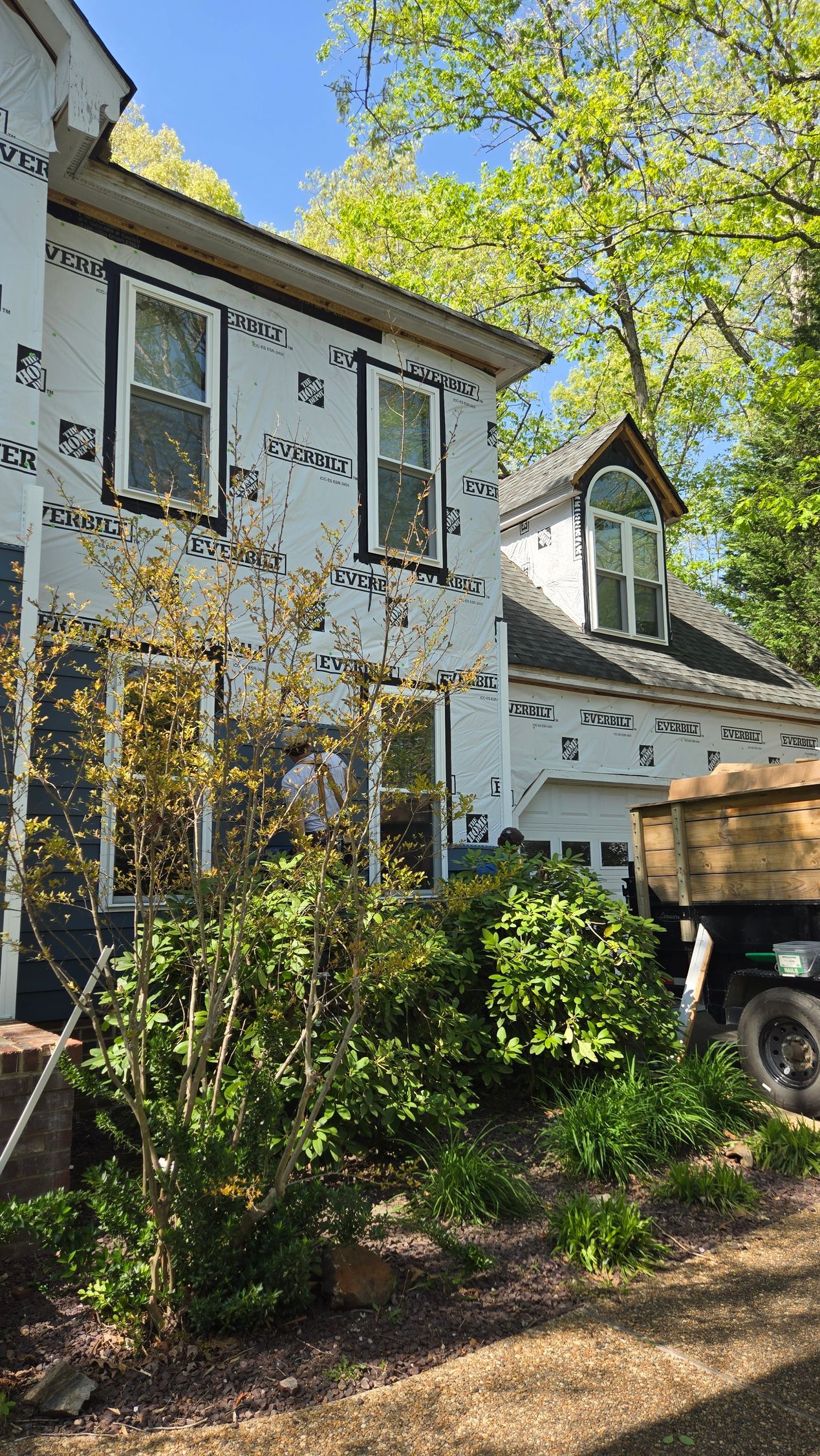 White house with steep roof and green trim behind trees and shrubs in a sunny yard