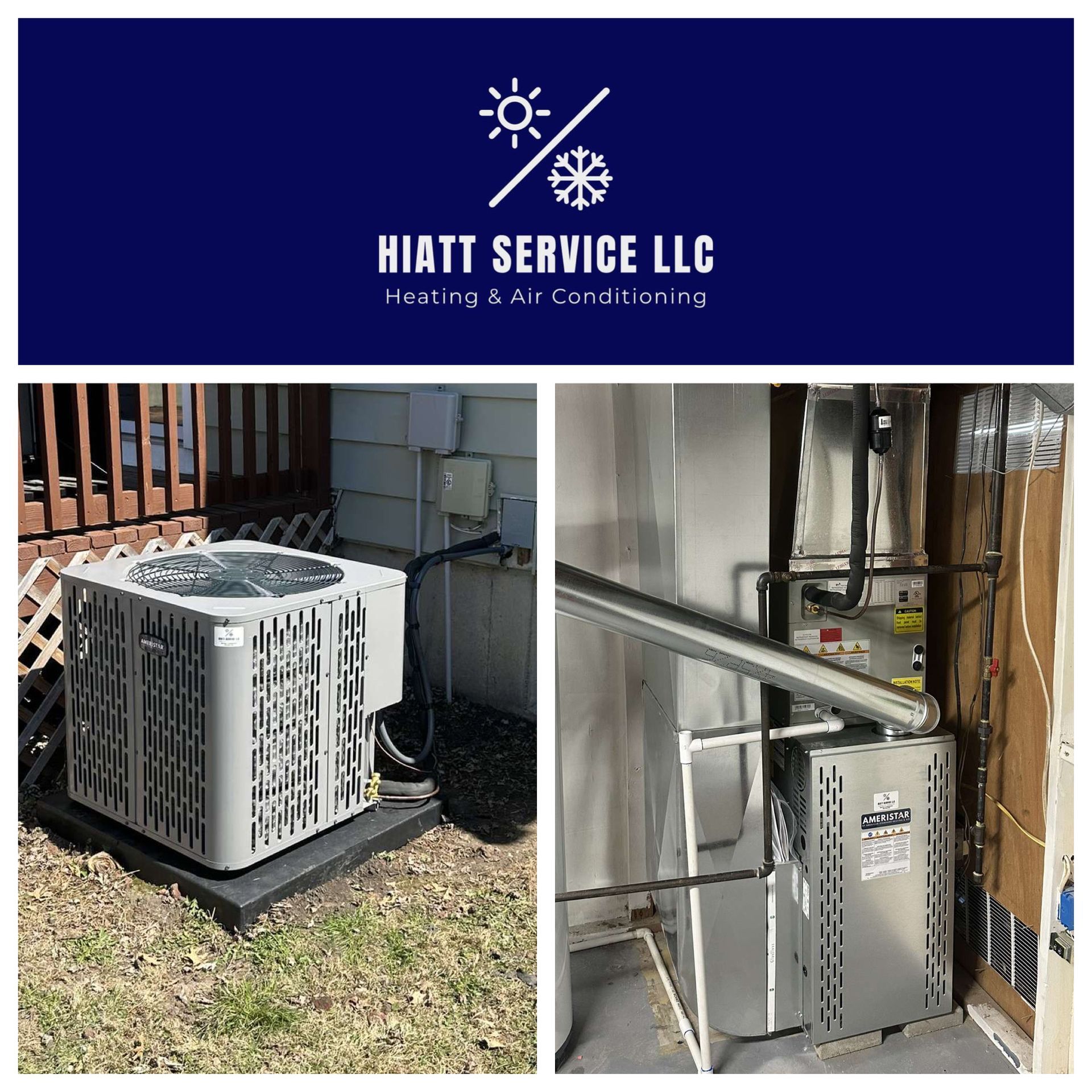 HVAC equipment installed by Hiatt Service LLC. A/C unit outside and furnace inside a building.