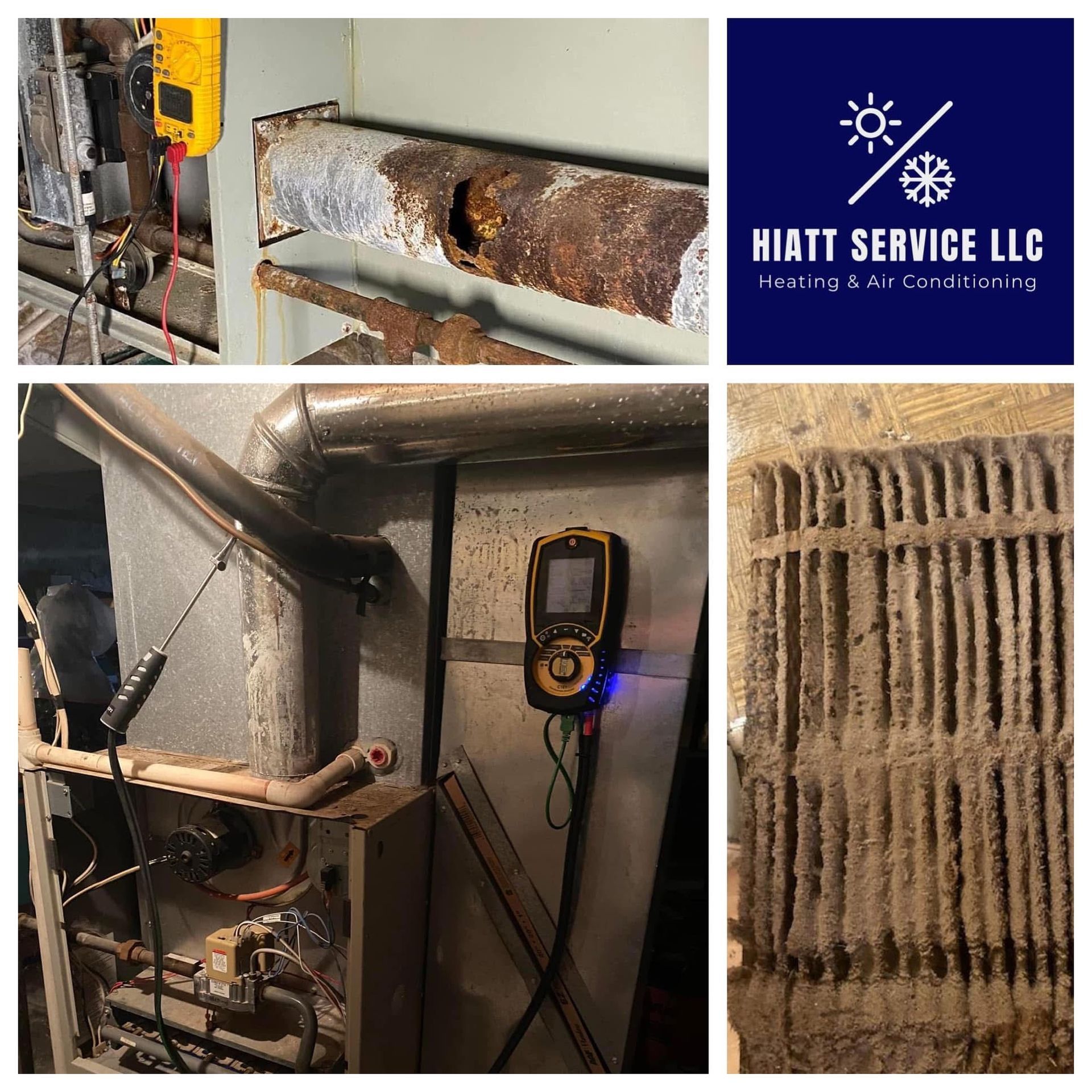 HVAC inspection showing testing equipment and rusted/dirty furnace components. Hiatt Service LLC logo in the top right.
