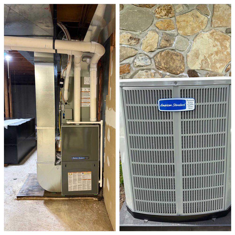 Furnace and air conditioner. Indoor furnace unit and outdoor AC unit with rock wall background.