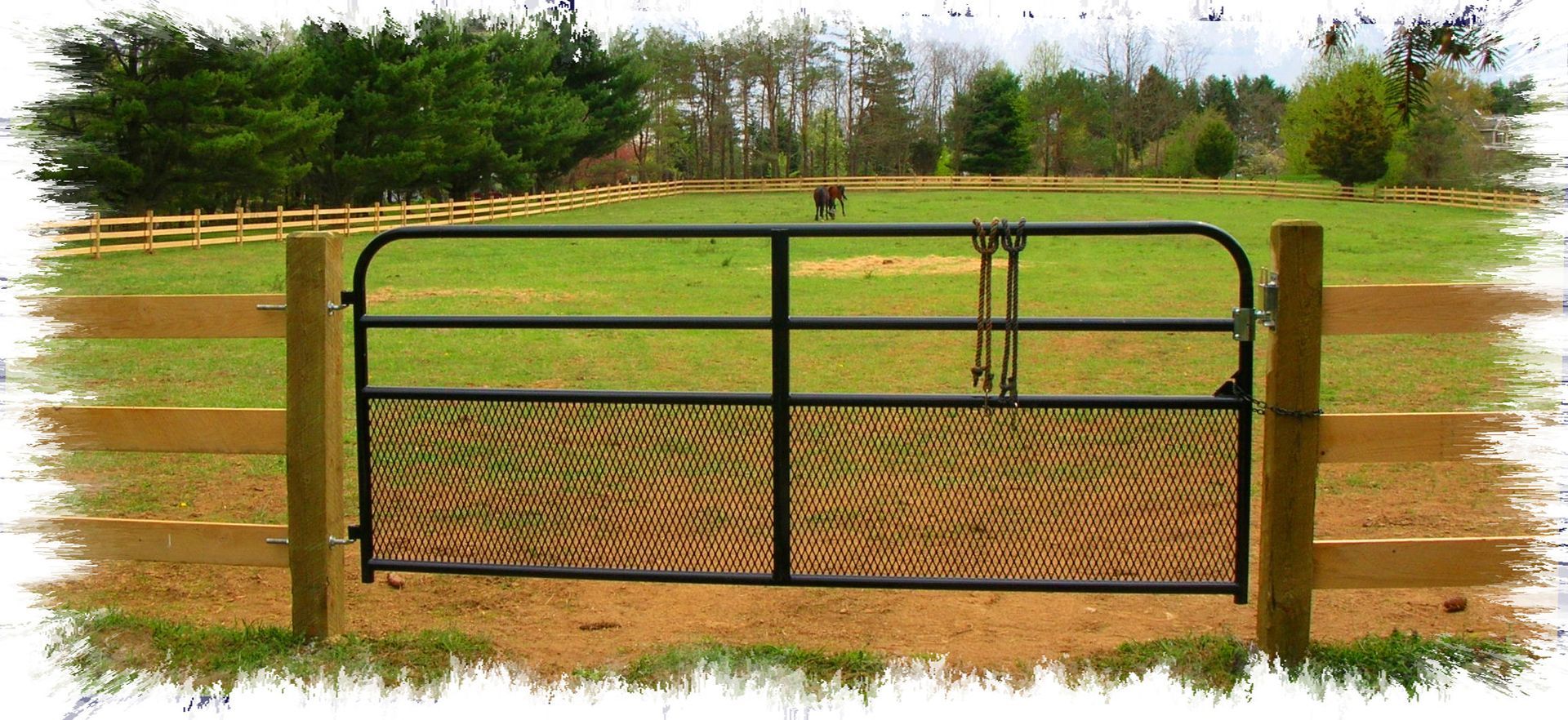 A fence with a gate and a horse in the background