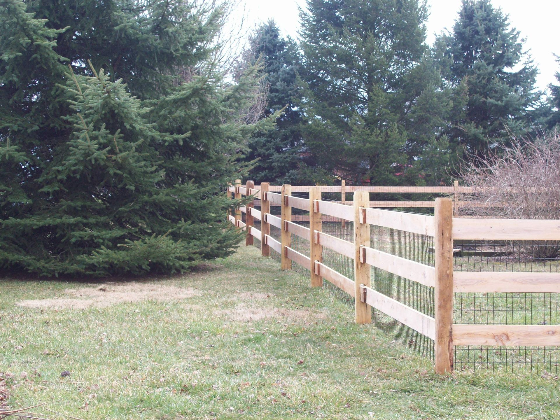 A wooden fence surrounds a grassy field with trees in the background