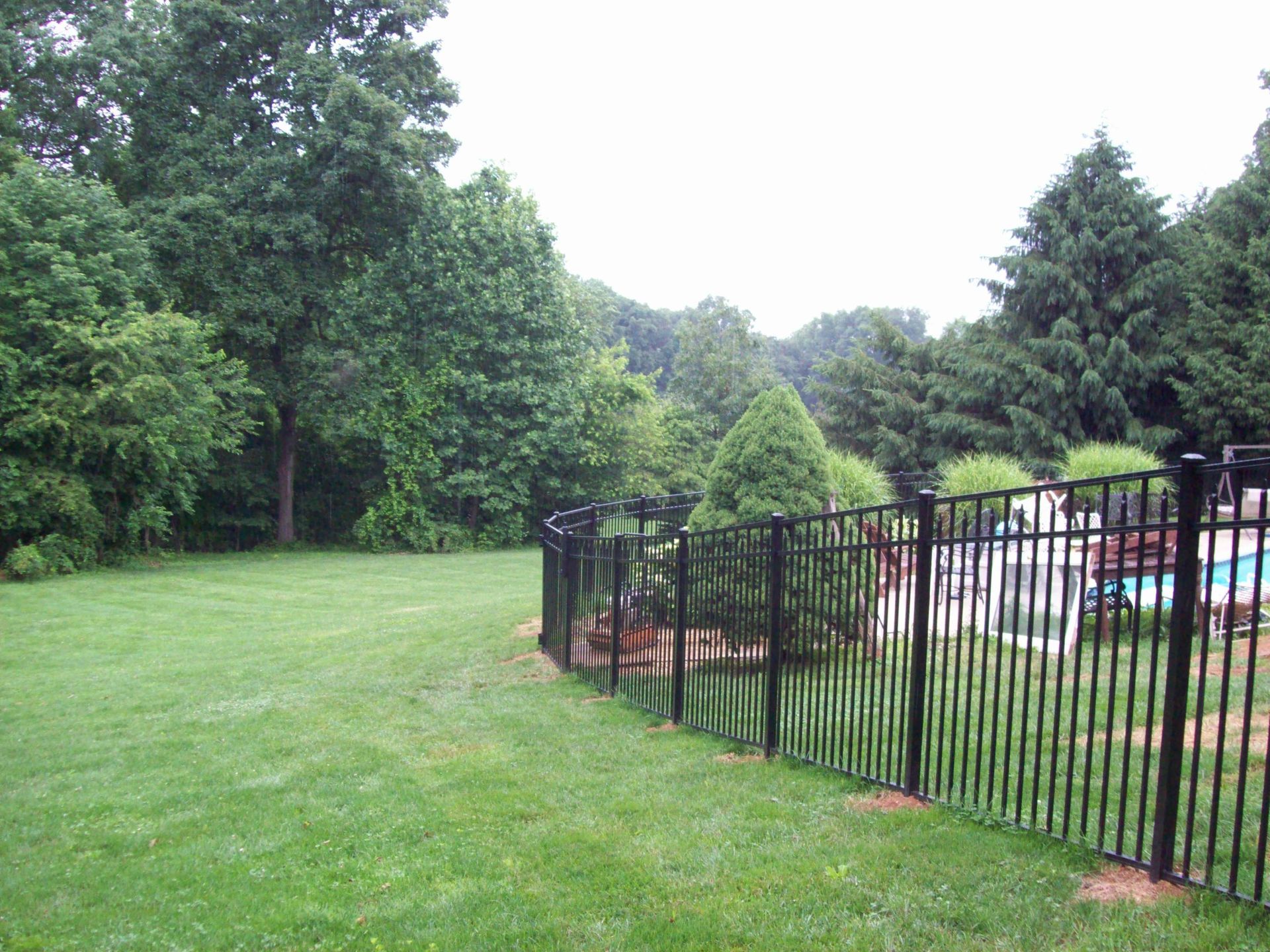 A black fence surrounds a lush green yard with a pool in the background