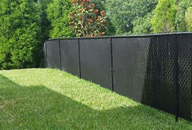 A black chain link fence is sitting on top of a lush green lawn.