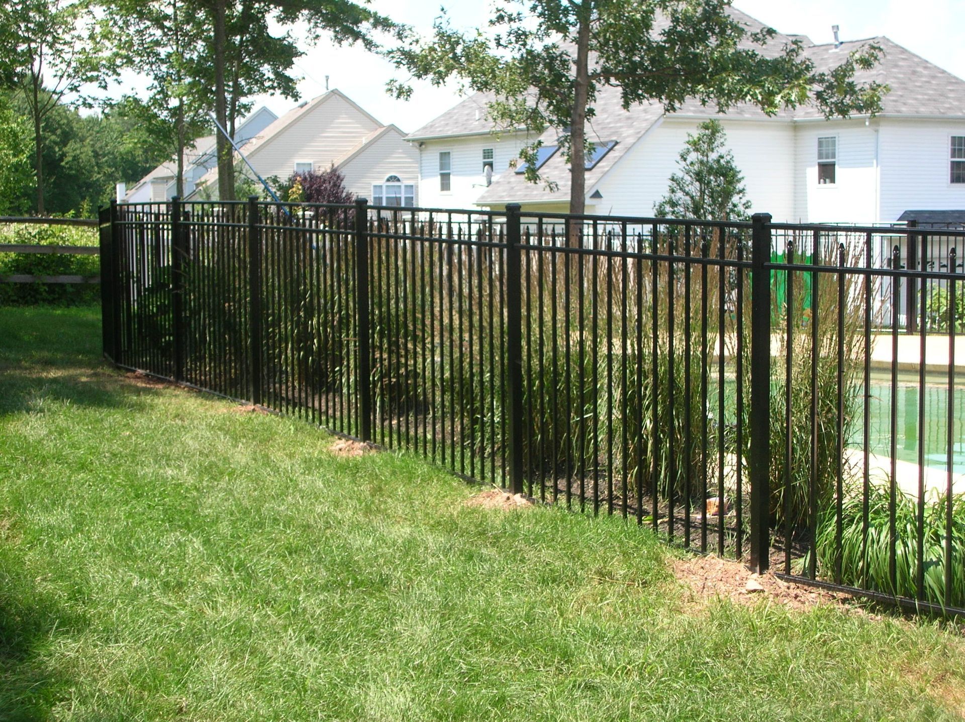 A black fence surrounds a swimming pool with houses in the background