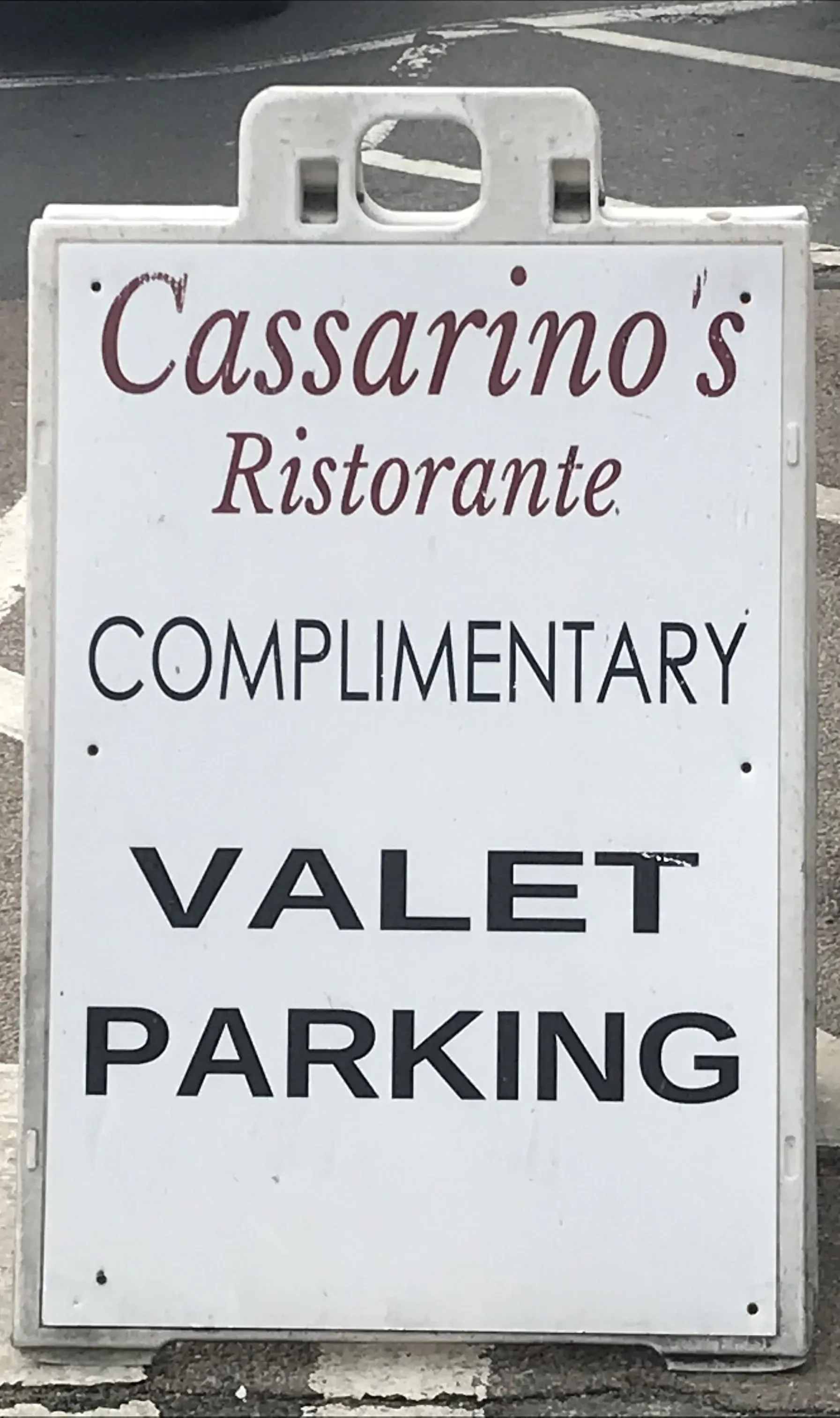 Cassarino's Restaurant valet parking sign