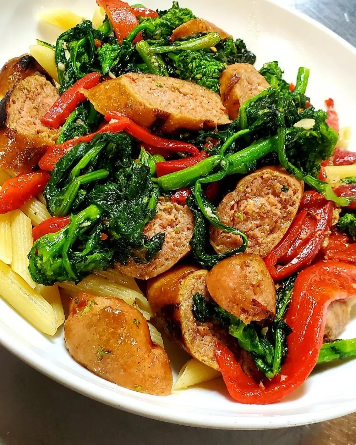 Plant protein sausage and rabe